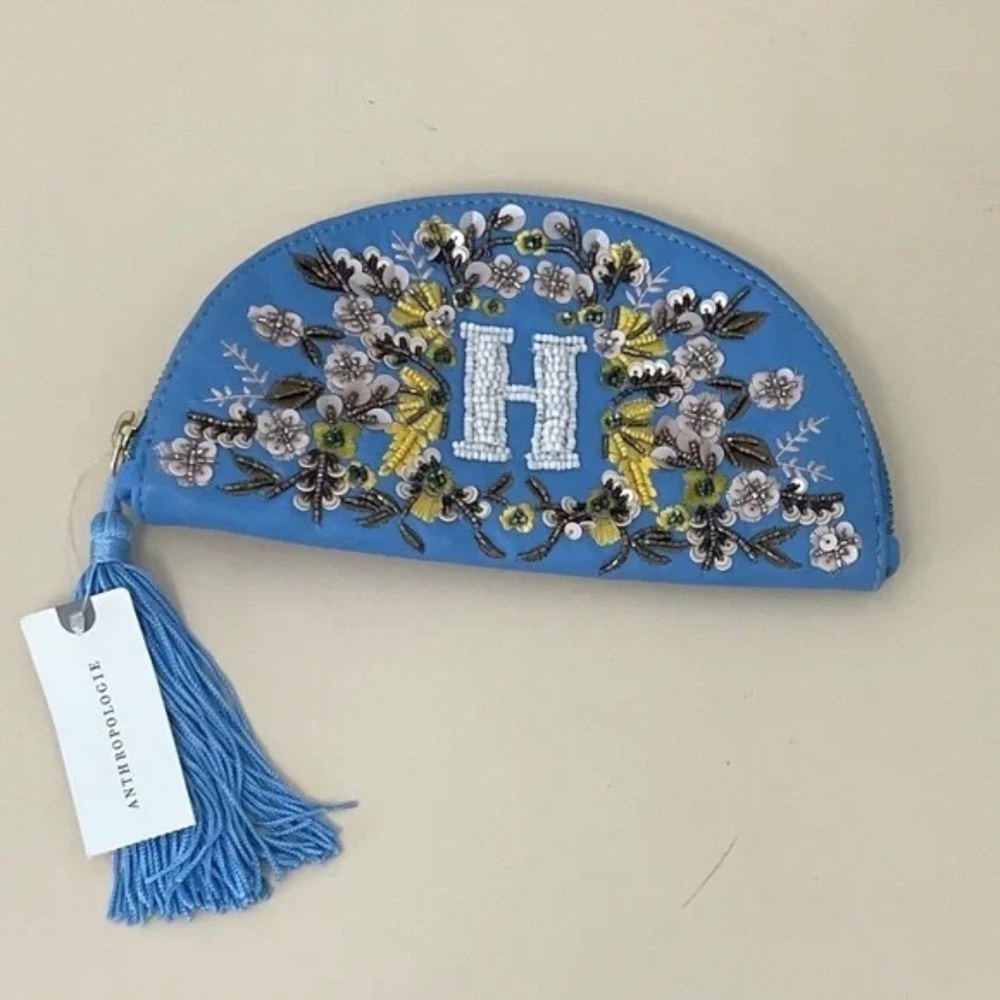 Anthropologie H Leather Beaded Monogram Pouch